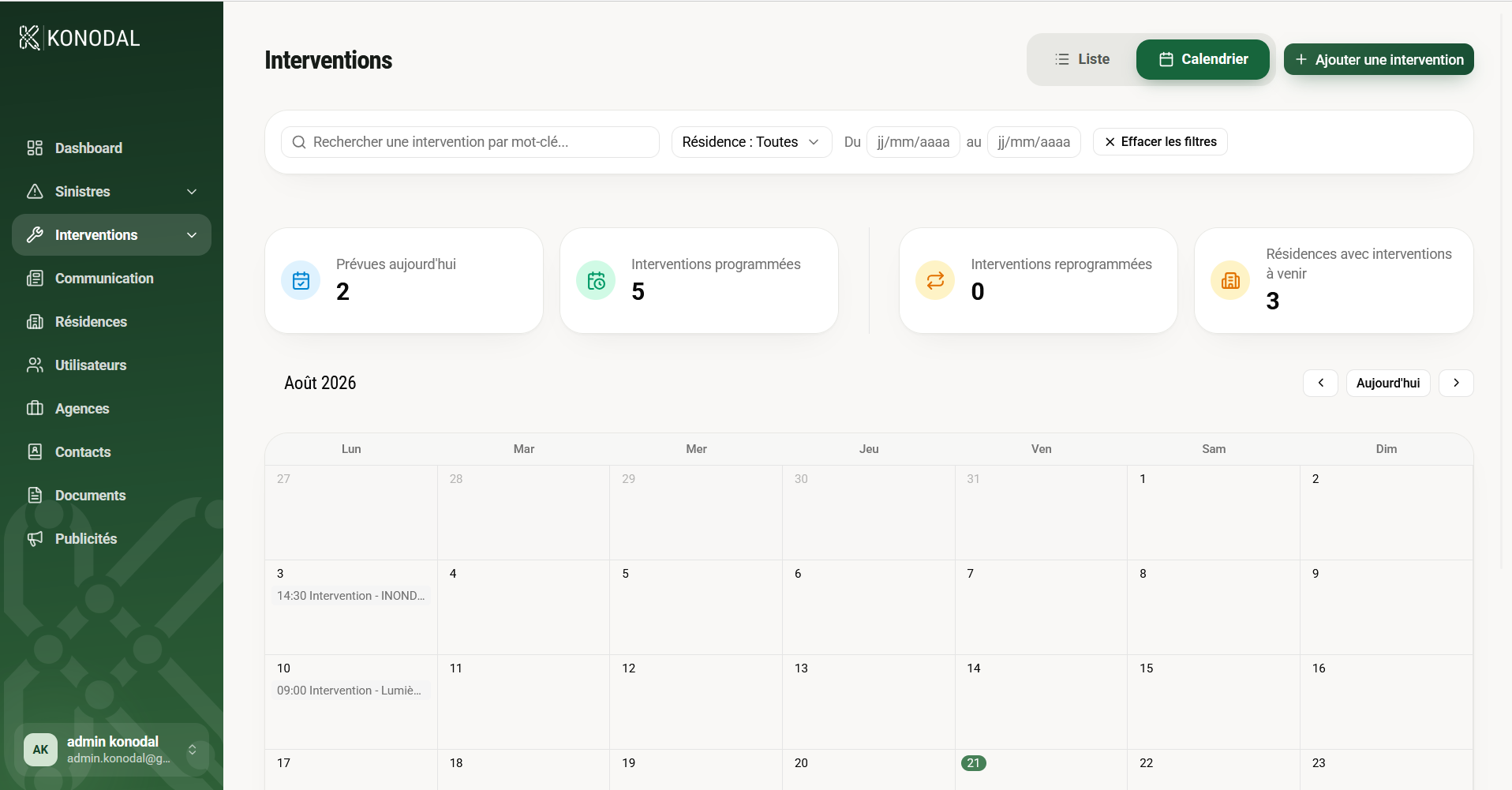 Calendrier des interventions