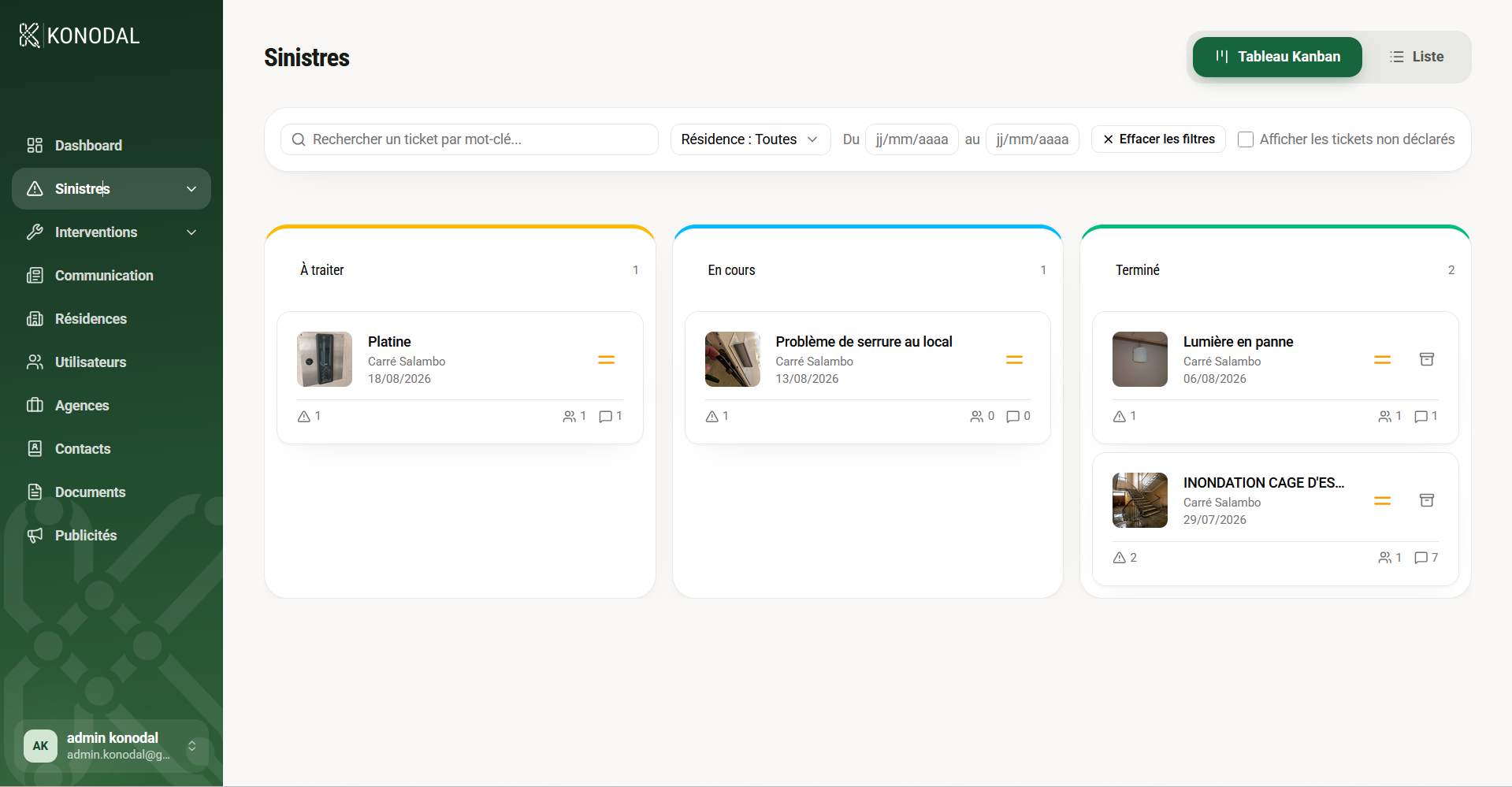 Suivi des sinistres en vue kanban