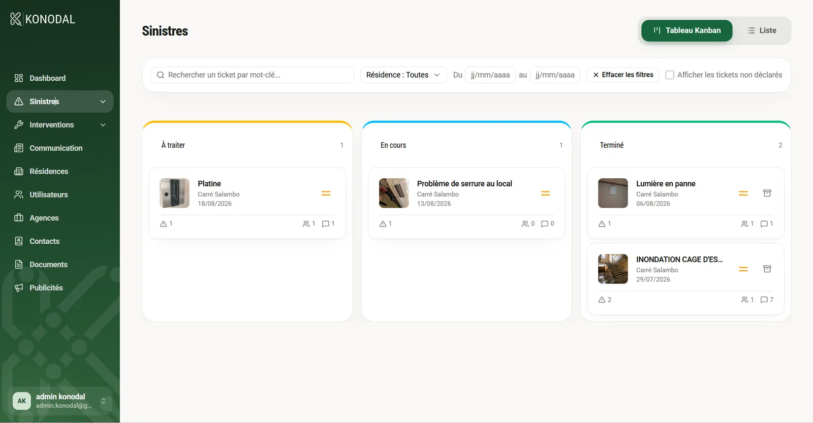 Suivi des sinistres en vue kanban